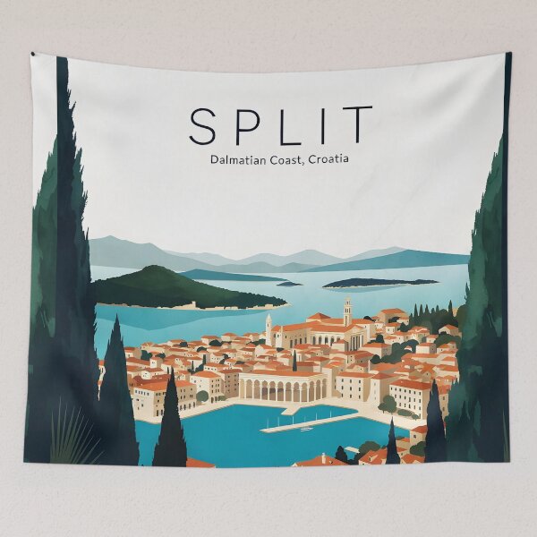 Item preview, Ai image of Split Riva Promenade Window View - Diocletian’s Palace Premium Travel Poster Art Print designed and sold by TrendSh0p.