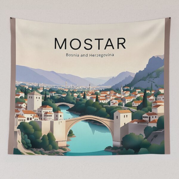 Item preview, Ai Illustration Vintage Travel Poster of Mostar – Timeless Stari Most & Neretva River Beauty designed and sold by TrendSh0p.