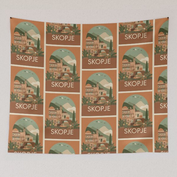 Item preview, Skopje vintage illustration with mountainous landscape designed and sold by StormArte.