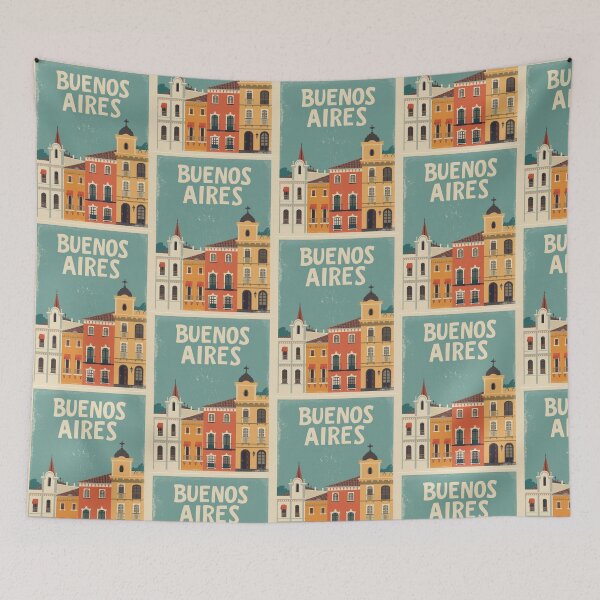 Item preview, Buenos Aires vintage illustration of colorful facades designed and sold by StormArte.