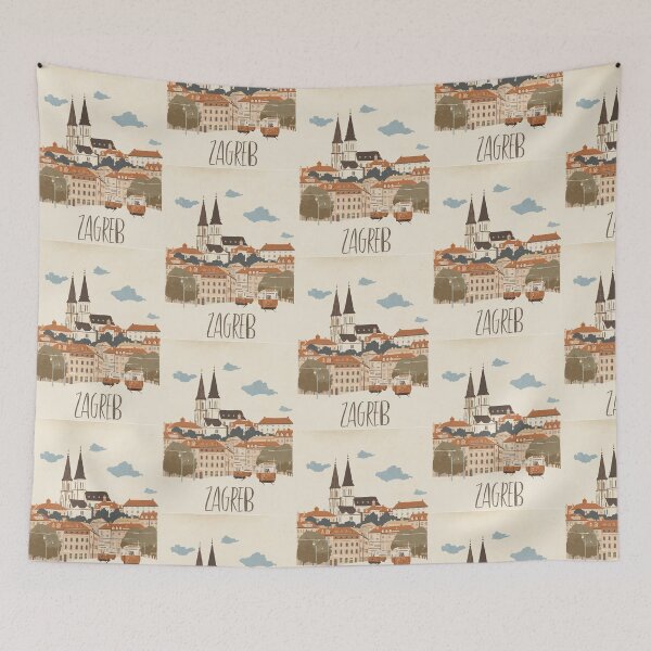 Item preview, Zagreb vintage illustration with classic trams designed and sold by StormArte.
