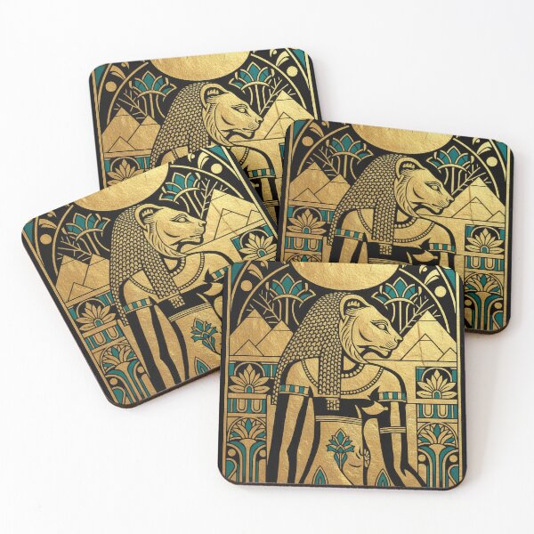 Item preview, Golden Lioness Goddess Sekhmet Profile | Egyptian Revival Art Deco with Pyramids | Luxury Gallery Art Print designed and sold by Vintage Poster Gallery.