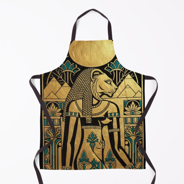 Item preview, Golden Lioness Goddess Sekhmet Profile | Egyptian Revival Art Deco with Pyramids | Luxury Gallery Art Print designed and sold by Vintage Poster Gallery.