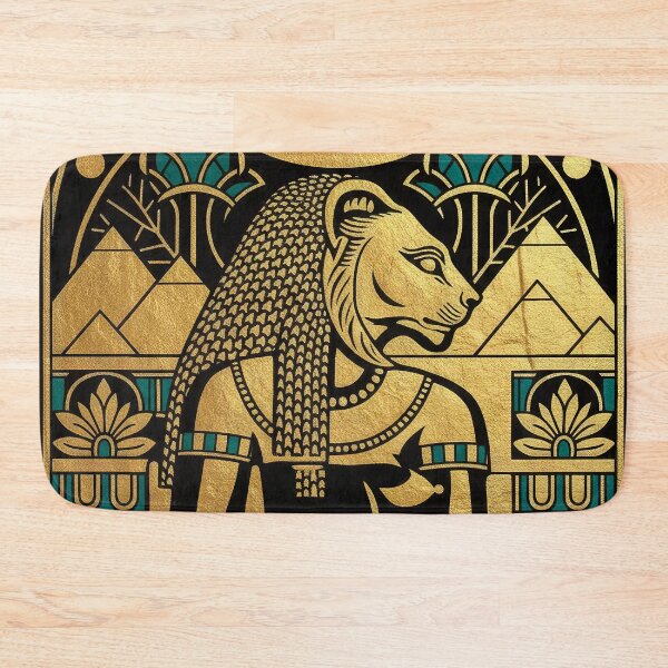 Item preview, Golden Lioness Goddess Sekhmet Profile | Egyptian Revival Art Deco with Pyramids | Luxury Gallery Art Print designed and sold by Vintage Poster Gallery.