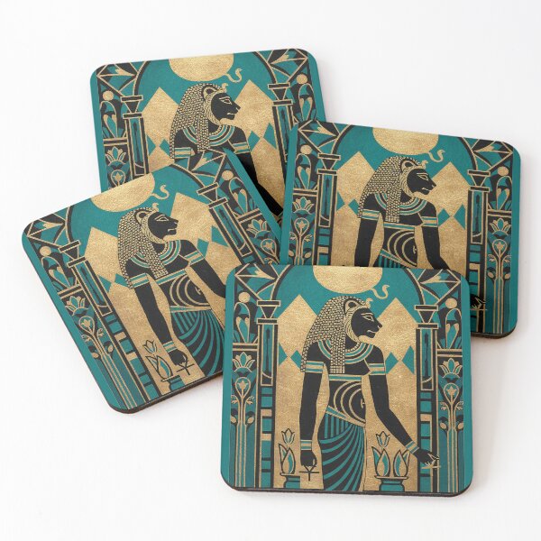Item preview, Lioness Goddess Sekhmet Profile in Teal | Egyptian Revival Art Deco Vibrant Colors | Luxury Gallery Art Print designed and sold by Vintage Poster Gallery.