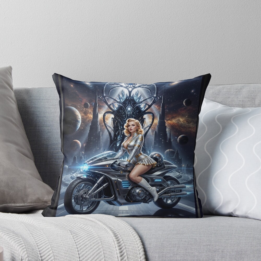 Cosmic Rider Lysandra Valtor Atop Aethelion Spire Striking AI Concept Art by Xzendor7 Decorative Art Print Throw Pillow