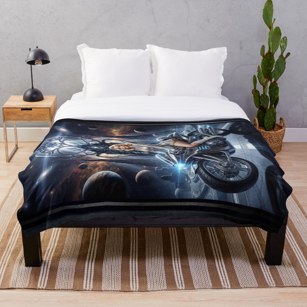 Cosmic Rider Lysandra Valtor Atop Aethelion Spire Striking AI Concept Art by Xzendor7 Decorative Art Print Throw Blanket