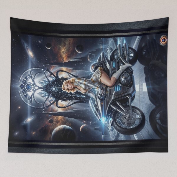 Item preview, Cosmic Rider Lysandra Valtor Atop Aethelion Spire Striking AI Concept Art by Xzendor7 designed and sold by Xzendor7 Digital Art Creations.