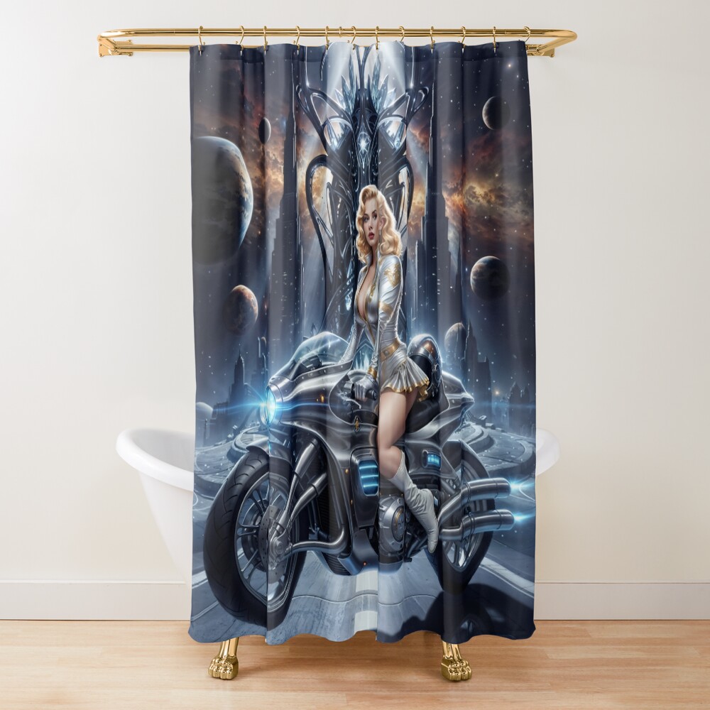 Cosmic Rider Lysandra Valtor Atop Aethelion Spire Striking AI Concept Art by Xzendor7 Decorative Art Print Shower Curtain