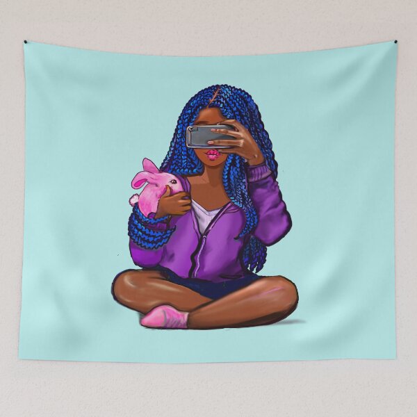 Item preview, Cool edgy black girl and rabbit with hair in blue braids and camera phone- black girl designed and sold by Artonmytee.