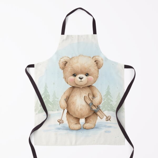 Artikelvorschau, Ein entzückender Teddybär hält Skier in einem verschneiten Wald entworfen und verkauft von homydesign.