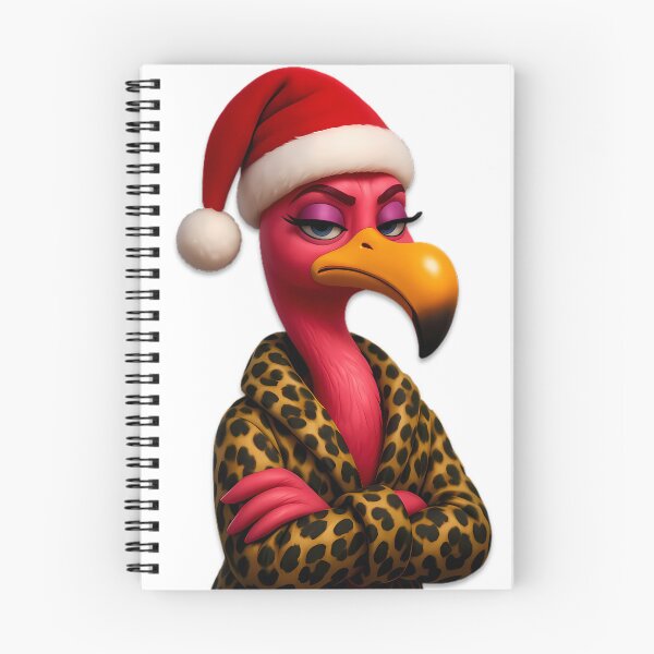 Aperçu de l'œuvre Flamant rose de Noël impertinent – Chapeau de Père Noël et look léopard créée et vendue par DebuggedDressed.