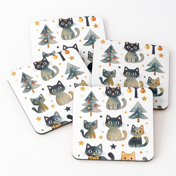 Item preview, Cute cat illustrations featuring festive elements like trees, stars, and lights in warm colors for holiday cheer designed and sold by SpaceartLilu.