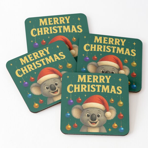 Item preview, Cute Koala Santa Christmas Illustration - Merry Christmas Holiday Koala with Ornaments, Stars & Festive Green Background designed and sold by AnTartstudios.