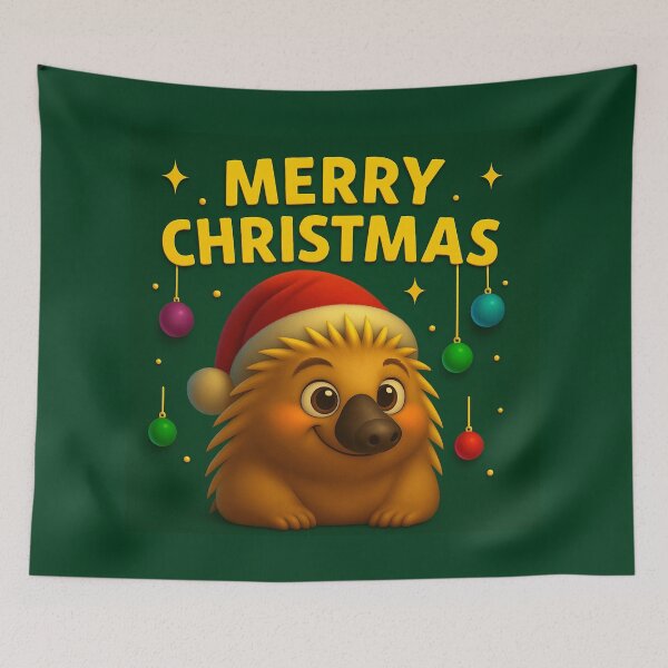 Item preview, Cute Christmas Echidna in Santa Hat - Festive Aussie Animal Holiday Art with Ornaments, Stars, Green Background & Bold Merry Christmas designed and sold by AnTartstudios.