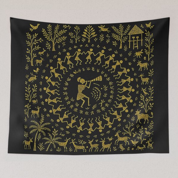 Item preview, Warli Art – Golden Indian Tribal Folk Pattern | dance design designed and sold by AtotheTwoDesign.