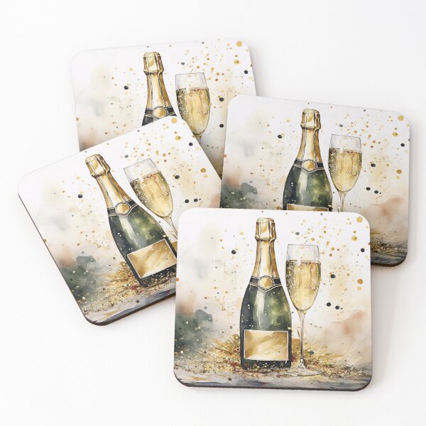 Item preview, A watercolor painting of a Sparkling wine bottle and flute, surrounded by golden splashes and glitter designed and sold by homydesign.