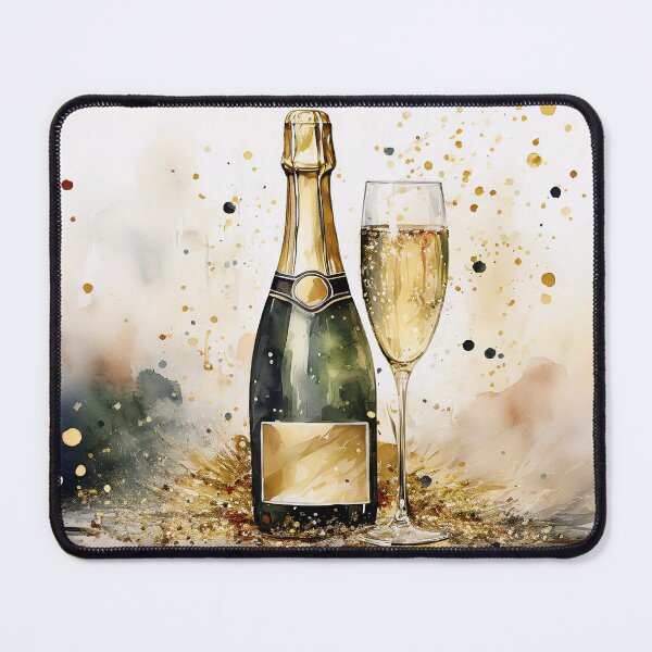 Item preview, A watercolor painting of a Sparkling wine bottle and flute, surrounded by golden splashes and glitter designed and sold by homydesign.