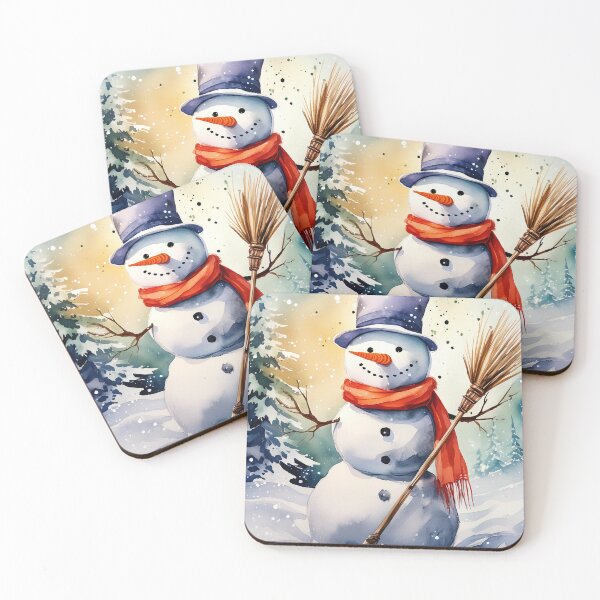Item preview, Watercolor painting of a snowman with a carrot nose, red scarf, and top hat in a snowy forest designed and sold by homydesign.