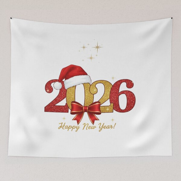 Item preview, Festive 2026 Happy New Year - Red & Gold Glitter Party Design with Santa Hat designed and sold by AmineDigitalPro.