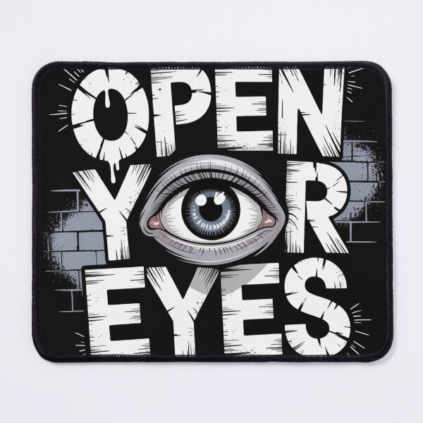Item preview, OPEN YOUR EYES – Realistic Eye Artwork with Bold Street-Art Typography designed and sold by TrendDropsMerch.