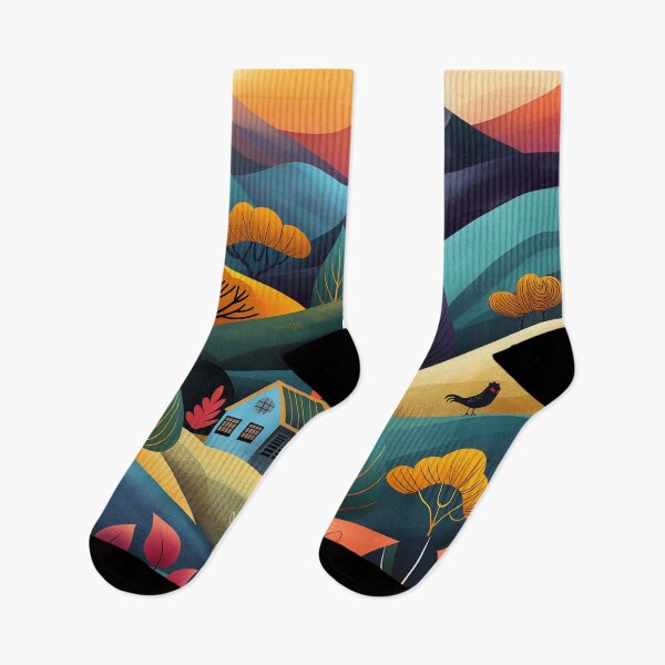 Item preview, Colorful Vibrant Hills Landscape with Houses and Birds Illustration designed and sold by poraya.