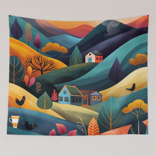Item preview, Colorful Vibrant Hills Landscape with Houses and Birds Illustration designed and sold by poraya.