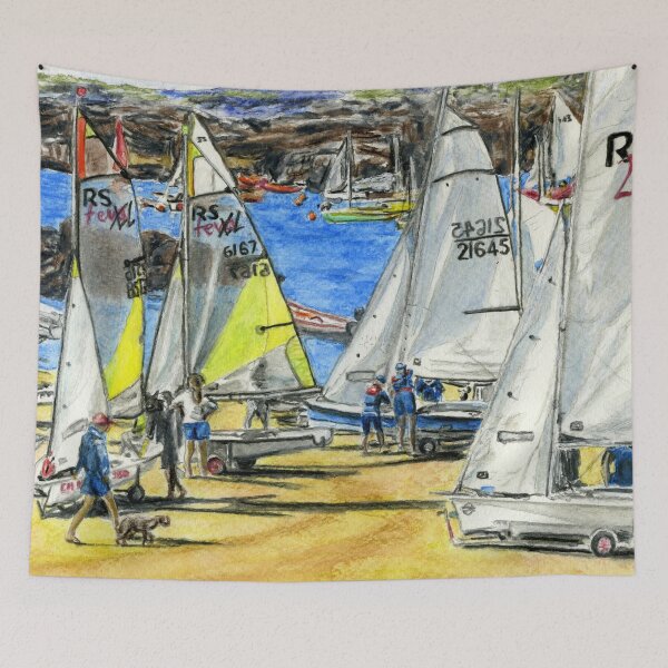 Item preview, Preparations on the beach for the Trearddur Bay Sailing Club race in Porth Diana in August designed and sold by LymphomaLass.