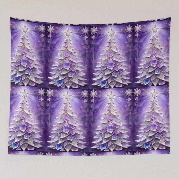 Item preview, SEASONS GREETING CHRISTMAS TREE Purple Amethyst Sapphire Stained Glass Art Print on Demand ~Winter Wonderland Party Decoration~Birthday Gift~Favor designed and sold by Spinning Plates 360.