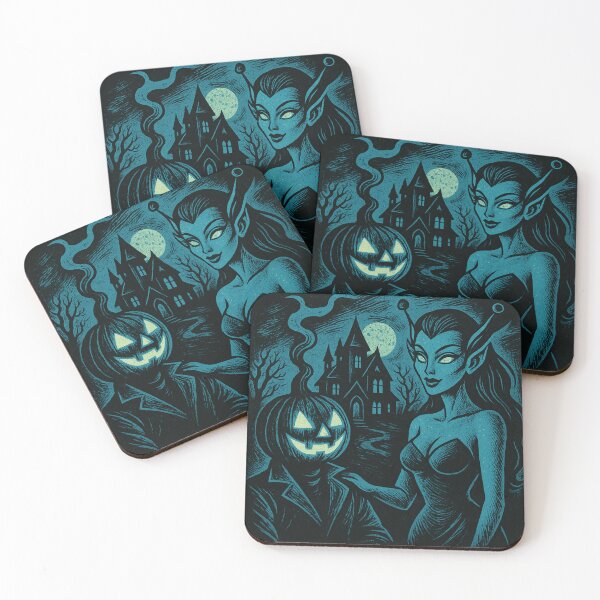 Item preview, Headless Horseman & Demon Woman at Haunted House: Retro Halloween Fantasy Art designed and sold by TheHorsemanRidesAgain.