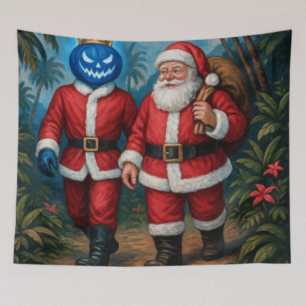 Item preview, Headless Horseman & Santa in Tropical Forest: Retro Christmas Fantasy Art designed and sold by TheHorsemanRidesAgain.