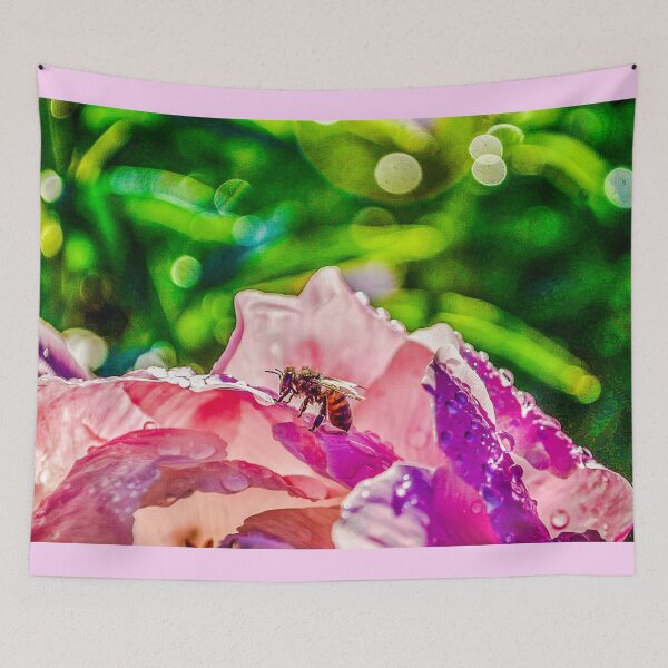 Item preview, Honeybee on Rain-Kissed Pink Flower Macro Photography designed and sold by aadventures.