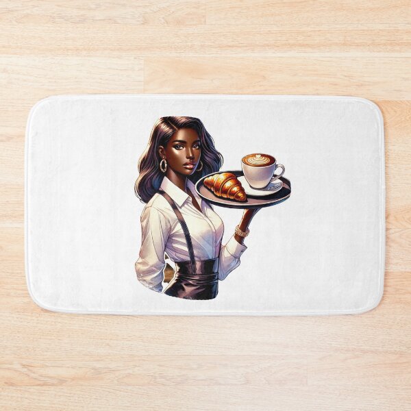 Item preview, Elegant Black Waitress with Coffee Tray and Croissant – Café Aesthetic designed and sold by Lulunza.