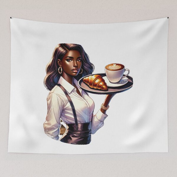 Item preview, Elegant Black Waitress with Coffee Tray and Croissant – Café Aesthetic designed and sold by Lulunza.