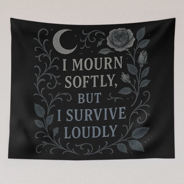 Item preview, I Mourn Softly But I Survive Loudly – Gothic Moon & Rose Quote designed and sold by Mouraludia.
