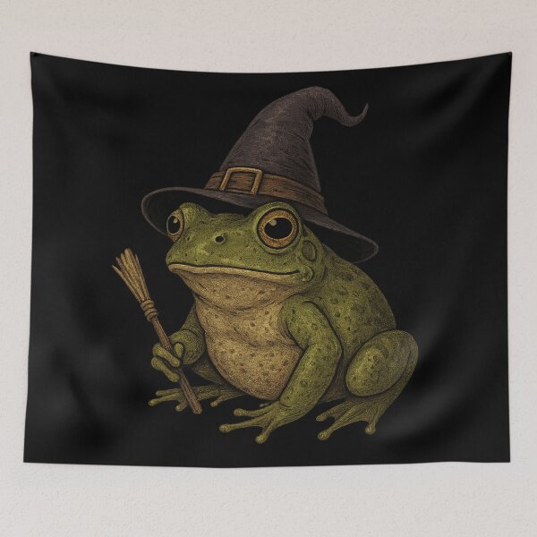 Item preview, Witch Frog with Hat and Broom – Cute Cottagecore Toad Art designed and sold by Mouraludia.