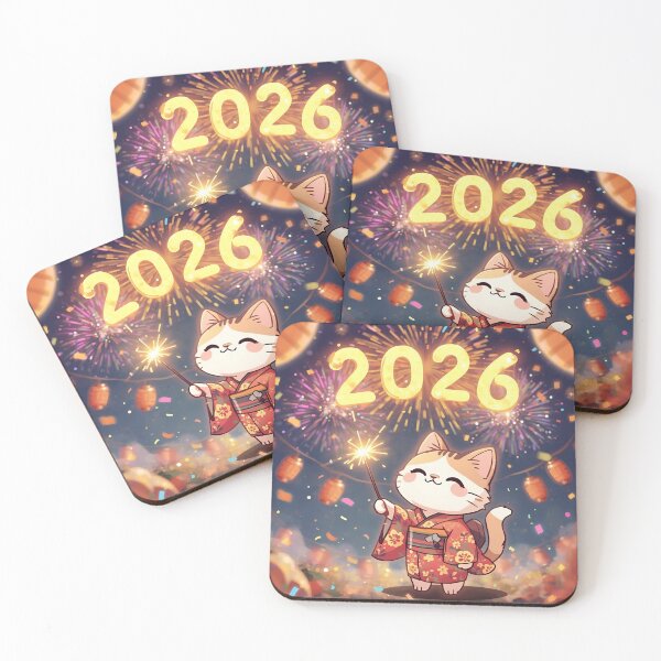 Item preview, Kawaii Cat Celebrates 2026 Under Fireworks designed and sold by WildlifeWhimsy.