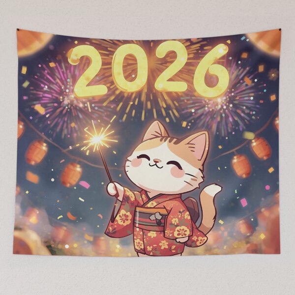 Item preview, Kawaii Cat Celebrates 2026 Under Fireworks designed and sold by WildlifeWhimsy.