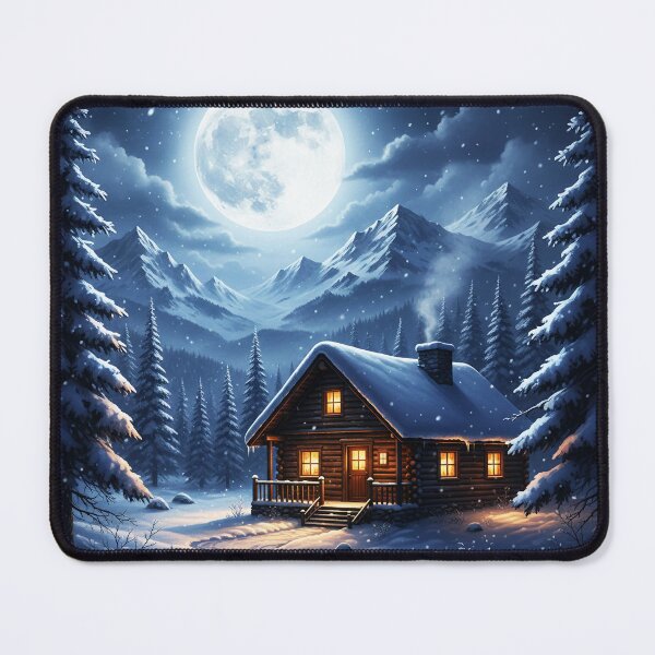 Item preview, Snowy Mountain Cabin with Giant Moon – Magical Winter Fantasy Landscape designed and sold by happy mongolia.