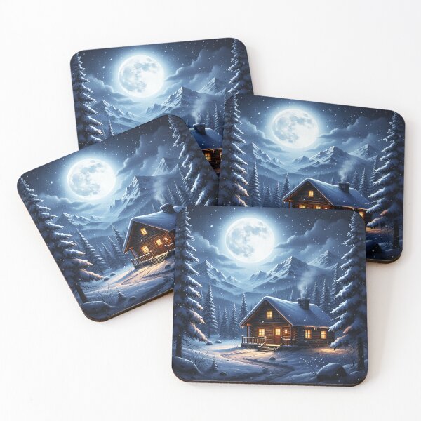 Item preview, Snowy Mountain Cabin with Giant Moon – Magical Winter Fantasy Landscape designed and sold by happy mongolia.