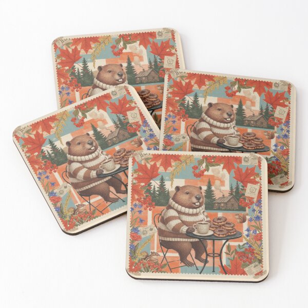 Item preview, Canadian beaver with autumn coffee among red leaves designed and sold by CoffeeinBloom.