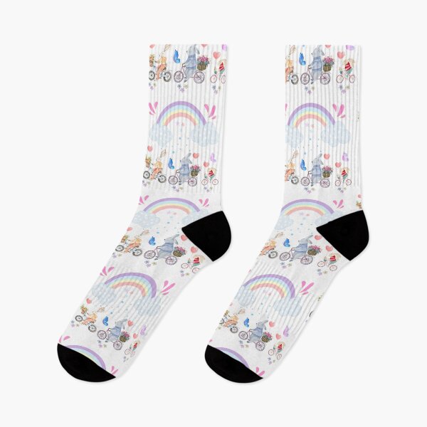 Item preview, Cute Rabbits Riding Bicycles under a Rainbow – Whimsical Kids Illustration designed and sold by Love3Happy.