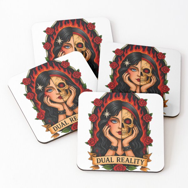 Item preview, Dual Reality — Vintage Tattoo Skull-Girl with Roses & Flames designed and sold by DreamiCanvas.