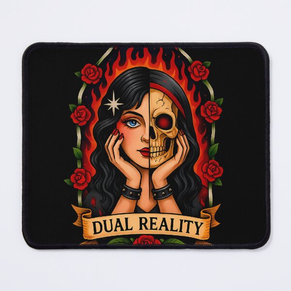 Item preview, Dual Reality — Vintage Tattoo Skull-Girl with Roses & Flames designed and sold by DreamiCanvas.