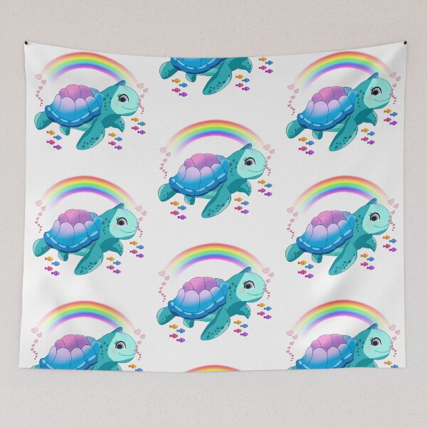 Item preview, Cute Sea Turtle with Rainbow, Hearts & Colorful Fish – Cartoon Illustration designed and sold by Love3Happy.