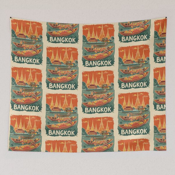 Item preview, Bangkok floating market vintage illustration golden temples of Thailand designed and sold by StormArte.