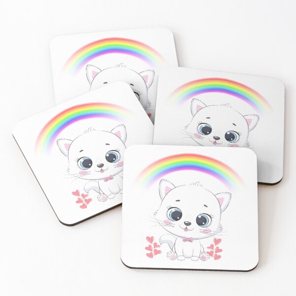 Item preview, Cute Cartoon White Kitten with Rainbow and Hearts – Cheerful Kids Illustration designed and sold by Love3Happy.