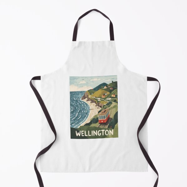 Item preview, Wellington coast vintage illustration with red tram and green hills designed and sold by StormArte.