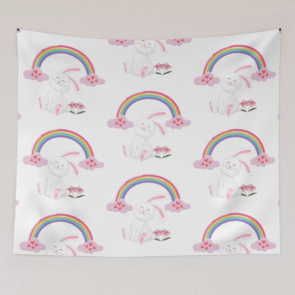 Item preview, Cute Cartoon Bunny with Rainbow and Flowers – Whimsical Kids Illustration designed and sold by Love3Happy.