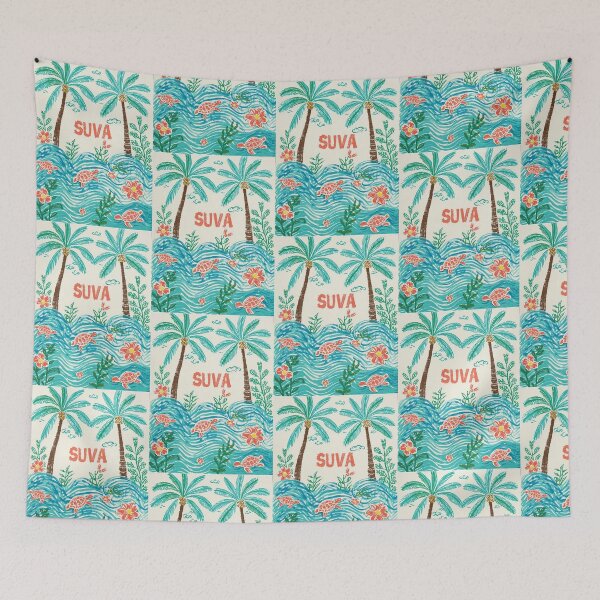 Item preview, Tropical illustration featuring palm trees, sea turtles, and island flowers designed and sold by StormArte.